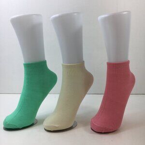 Womens Colorful Ankle Socks 3-Pack Ribbed Cuffs Pink Beige Green